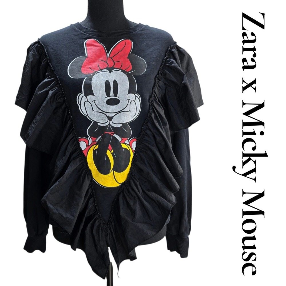 Zara Mickey Mouse Sweatshirt Womens Medium Black Cotton Ruffle Minnie Graphic M